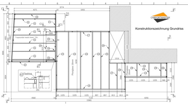 Carportmaster Carportplanung CAD-Konstruktionszeichnung