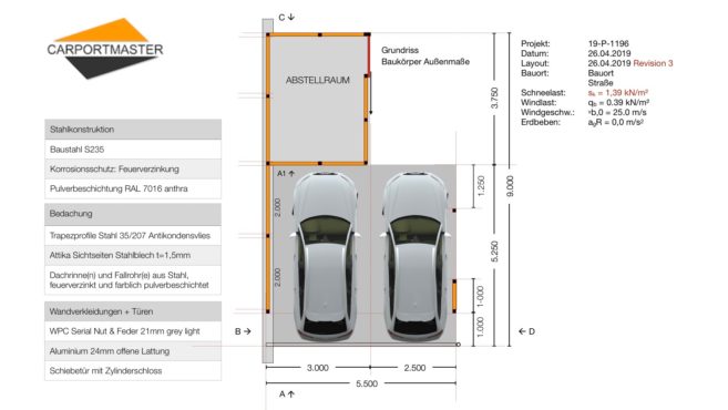 Carportmaster Carportplanung - Bauzeichnung - Grundriss