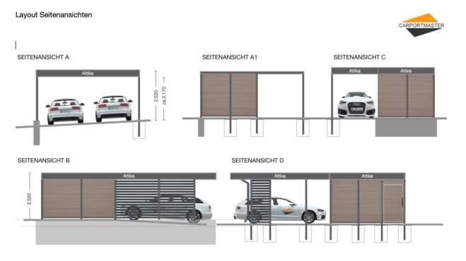 Carportmaster Carportplanung - Bauzeichnung - Seitenansichten