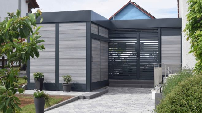 Doppelcarport mit Schuppen - Carportmaster Projekt 17-P-1822 - 34549 Edertal - Carportbild 02 - Carport verkleiden mit massiven WPC-Planken Farbe castle-gray Doppelcarport mit Schuppen - Carportmaster Projekt 17-P-1822 - 34549 Edertal - Carportbild 02 - Carport verkleiden mit massiven WPC-Planken Farbe castle-gray