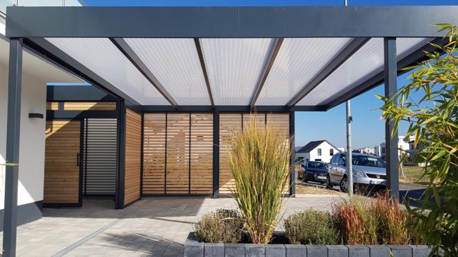 Doppelcarport mit Schuppen - Carportmaster Projekt 18-P-1951 - 27239 Twistringen - Carportbild 03 - Carport Metall mit Dachdeckung aus Plexiglas weiß