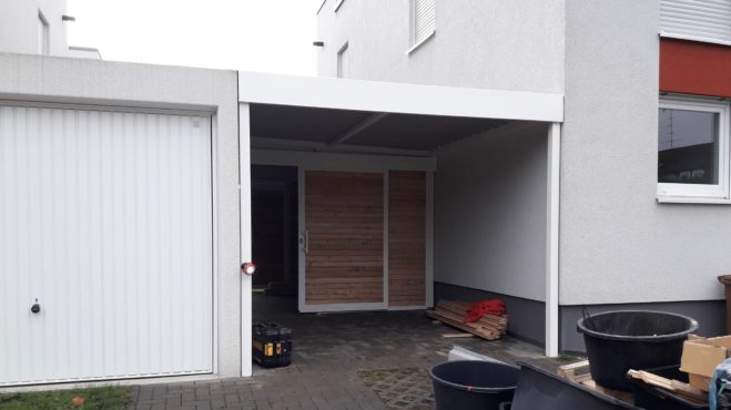 Fahrradschuppen - Carportmaster Projekt 17-P-1869 - 40885 Ratingen - Bild 01 - Fahrradschuppen mit praktischem Unterstand vorn